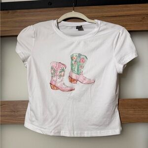 White Short-Sleeve Tee with Pink & Green Cowboy Boot Graphic